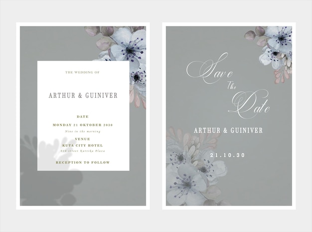 Wedding invitation card template set with white rose bouquet wreath leave watercolor painting psd