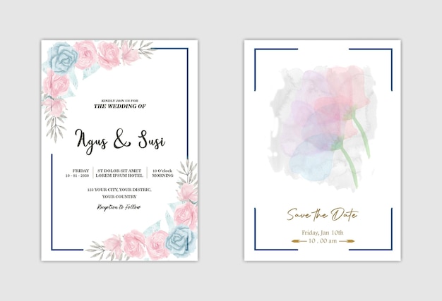wedding invitation card template set with white rose bouquet wreath leave watercolor painting psd