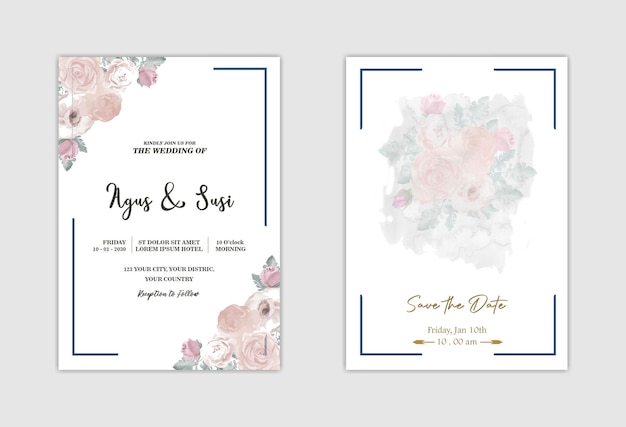 wedding invitation card template set with white rose bouquet wreath leave watercolor painting psd