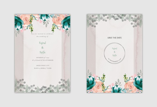 白いバラの花束の花輪がセットされた結婚式の招待カードのテンプレートは、水彩画psdを残します