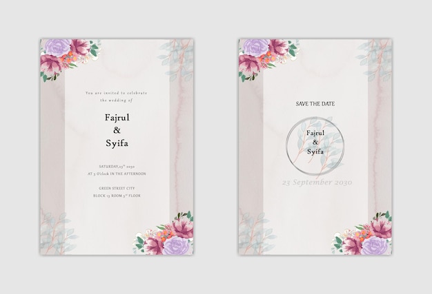 白いバラの花束の花輪がセットされた結婚式の招待カードのテンプレートは、水彩画psdを残します