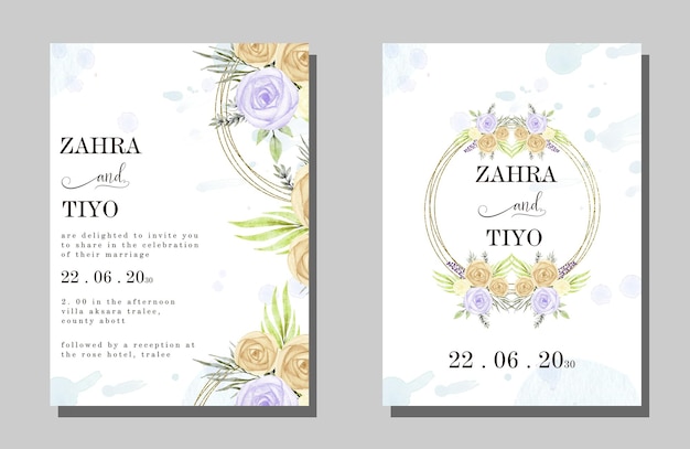 PSD wedding invitation card template set with white rose bouquet wreath leave watercolor psd