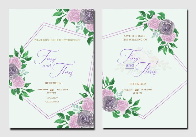 白いバラの花束の花輪がセットされた結婚式の招待カードのテンプレートは、水彩画のpsdを残します