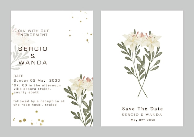 PSD wedding invitation card template set with white rose bouquet wreath leave watercolor psd