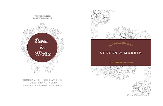 Wedding invitation card template set with white rose bouquet wreath leave watercolor psd