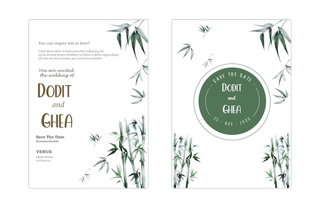 wedding invitation card template set with white rose bouquet wreath leave watercolor psd