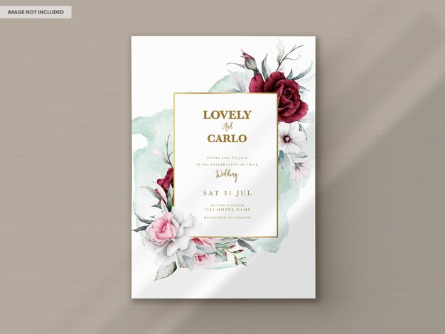 PSD wedding invitation card template with beautiful floral and leaves modern maroon pink color