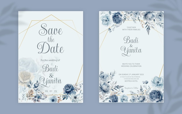 PSD wedding invitation card template with beautiful flower and leaves ornament