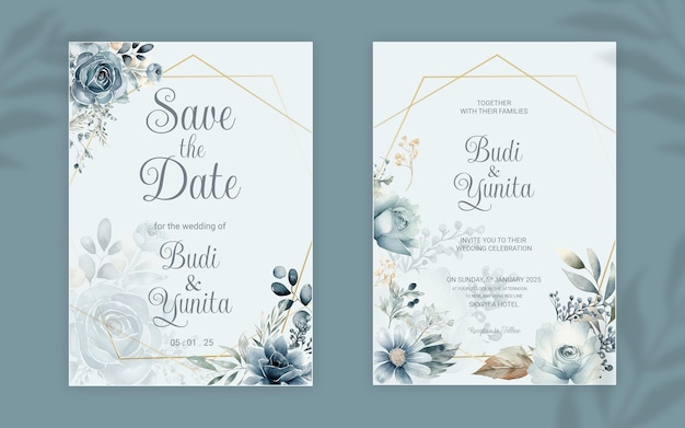 PSD wedding invitation card template with beautiful flower and leaves ornament