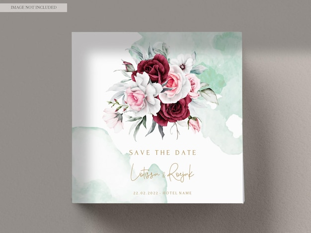 PSD wedding invitation card template with beautiful flower wreath watercolor