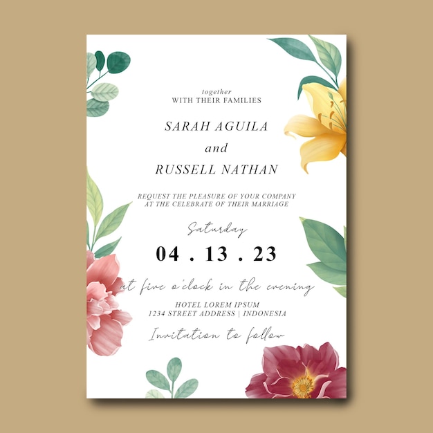 wedding invitation card template with beautiful watercolor floral decoration