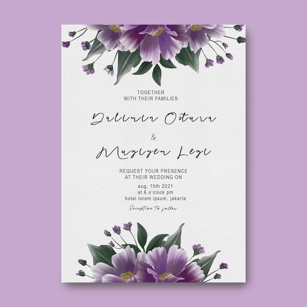 Wedding invitation card template with beautiful watercolor purple flower decorations