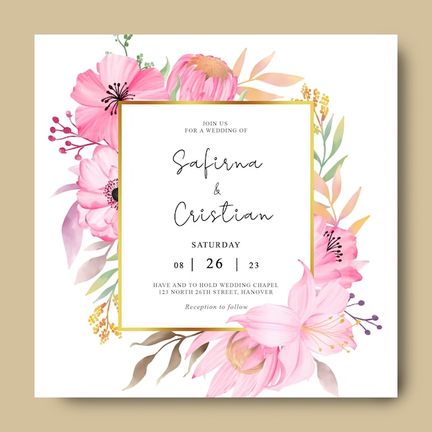 PSD wedding invitation card template with romantic watercolor flowers