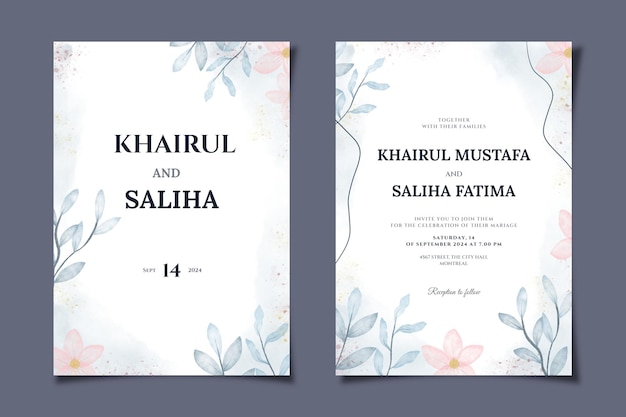 Wedding invitation card template with simple watercolor floral background