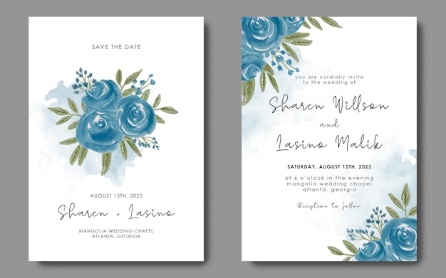 Wedding invitation card template with watercolor blue flower bouquet