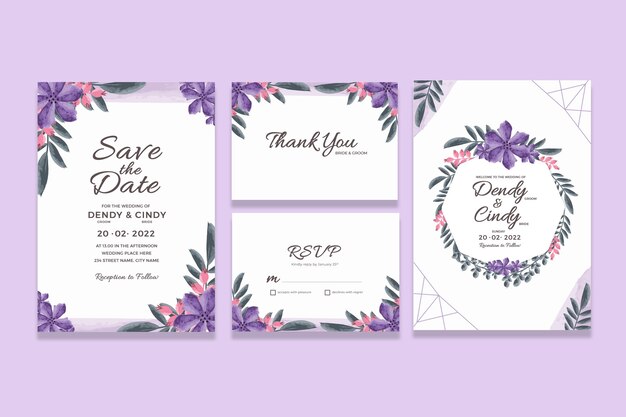 水彩花柄の装飾が施された結婚式の招待カードのテンプレート