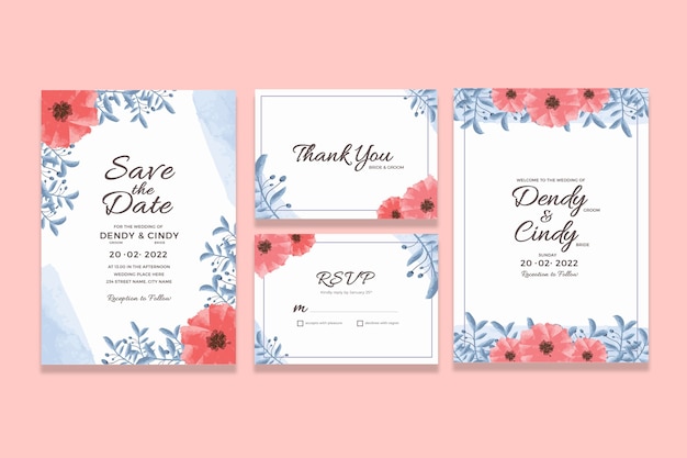 Modello di carta di invito matrimonio con decorazioni floreali cornice dell'acquerello