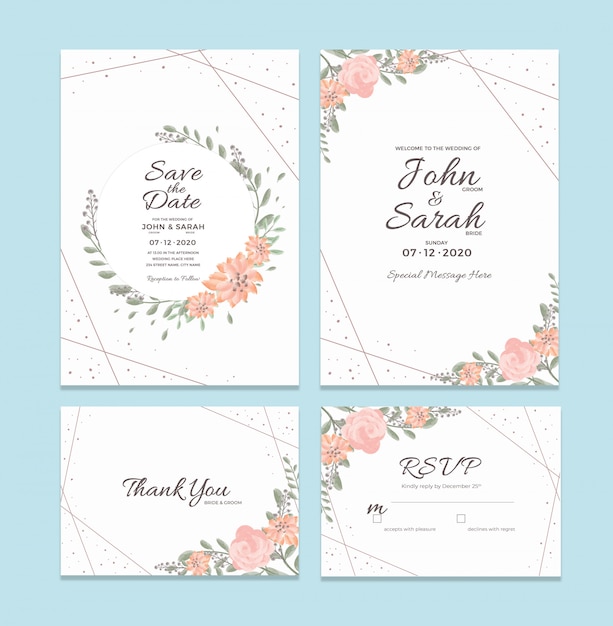 水彩花のフレームの装飾と結婚式の招待カードのテンプレート