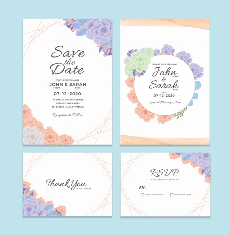 PSD 水彩花のフレームの装飾と結婚式の招待カードのテンプレート