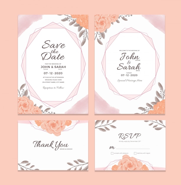 Wedding invitation card template with watercolor floral frame decorations