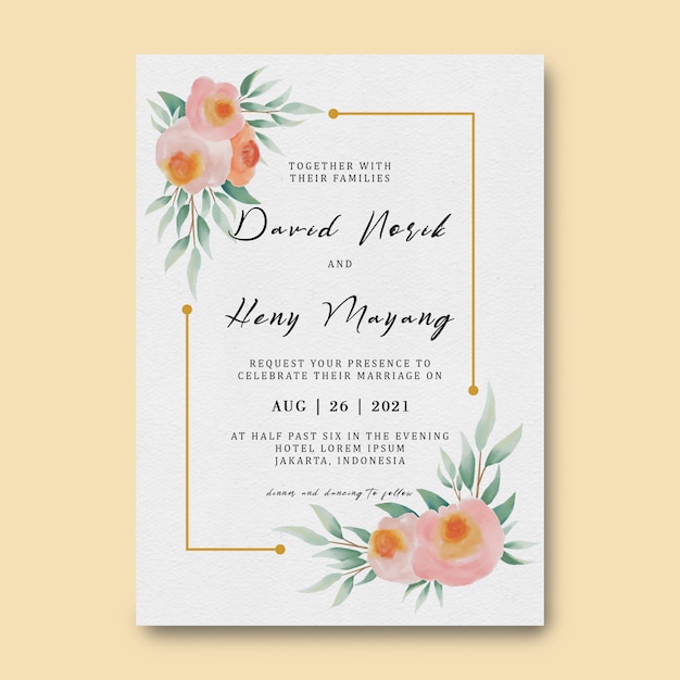 Wedding invitation card template with watercolor flower decoration and gold frame