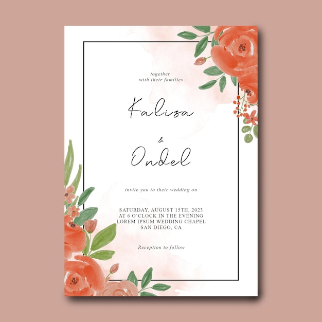 wedding invitation card template with watercolor flower decoration
