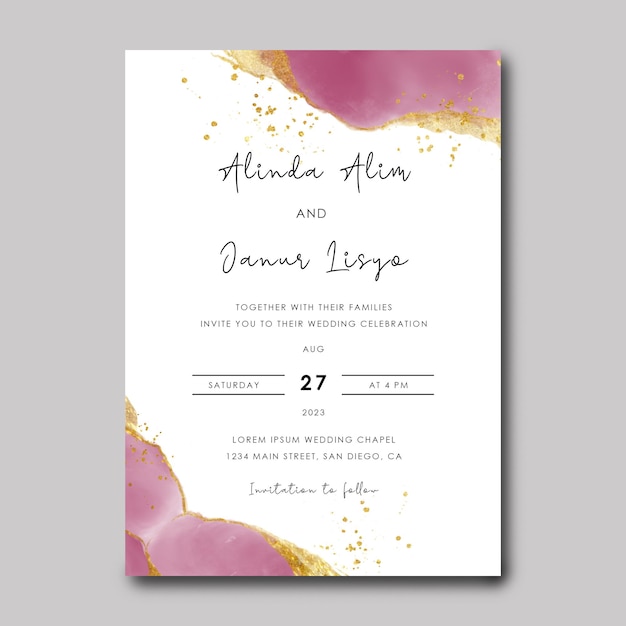 Wedding invitation card template with watercolor gold brush effect