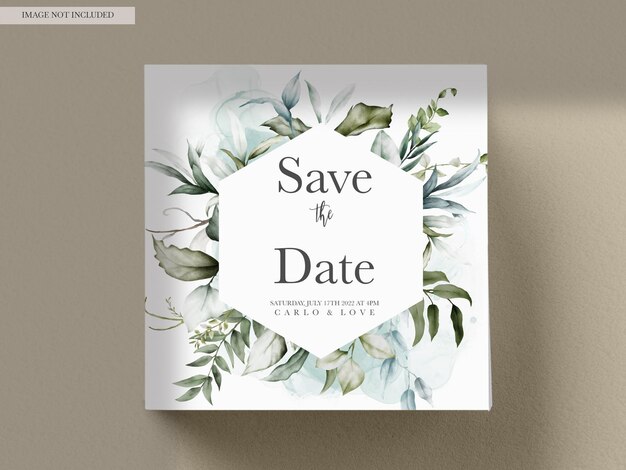 PSD婚礼邀请卡模板与水彩叶子
