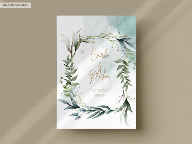 PSD wedding invitation card template with watercolor leaves