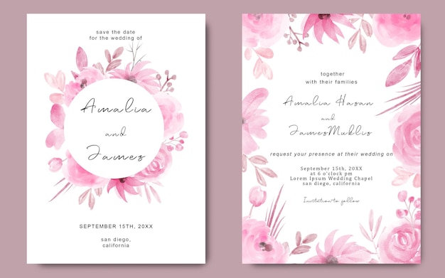 wedding invitation card template with watercolor pink flowers