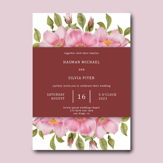 Wedding invitation card template with watercolor pink rose flower background