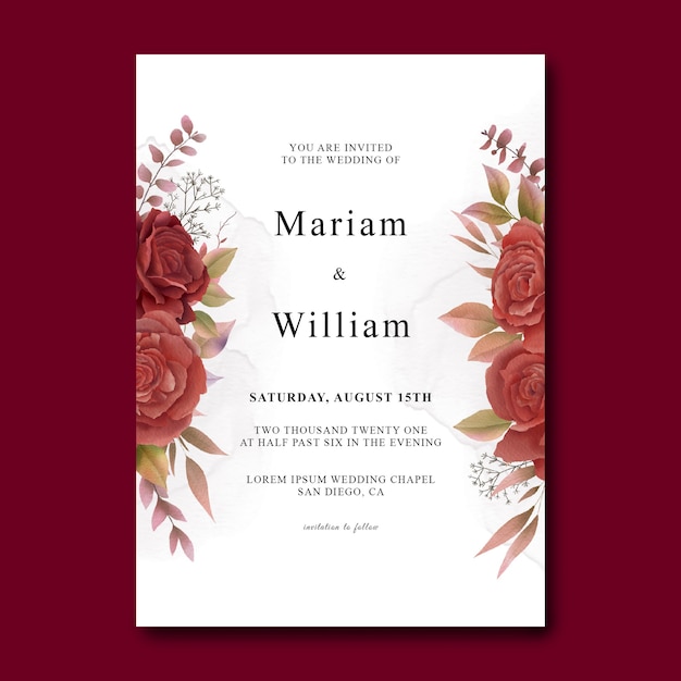 PSD wedding invitation card template with watercolor red roses