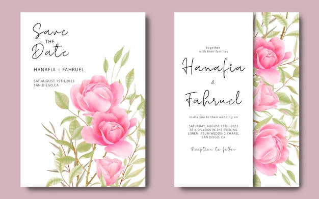 PSD wedding invitation card template with watercolor rose flower background