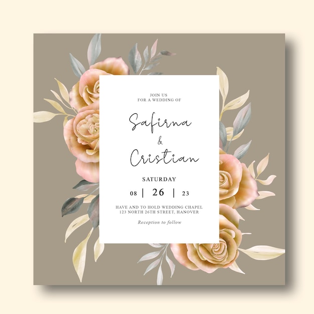 PSD wedding invitation card template with watercolor roses