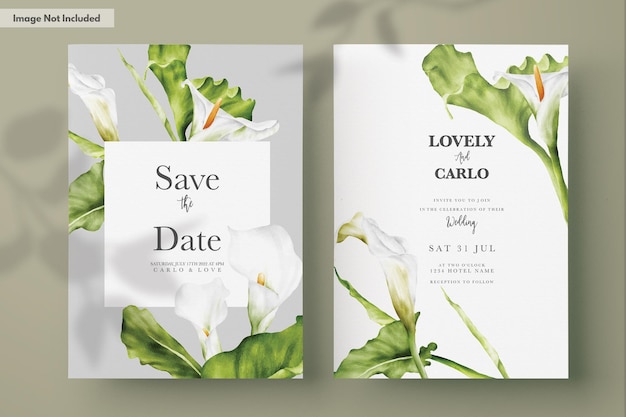 PSD wedding invitation card template with white calla lily flower watercolor