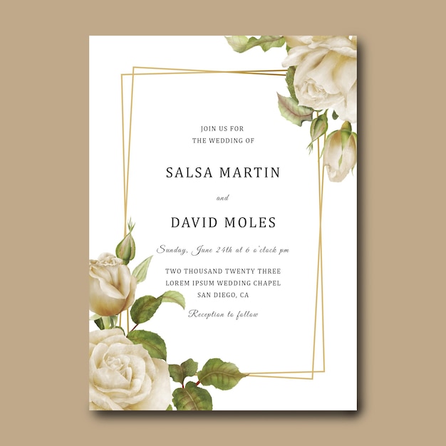 wedding invitation card template with white roses and gold frame