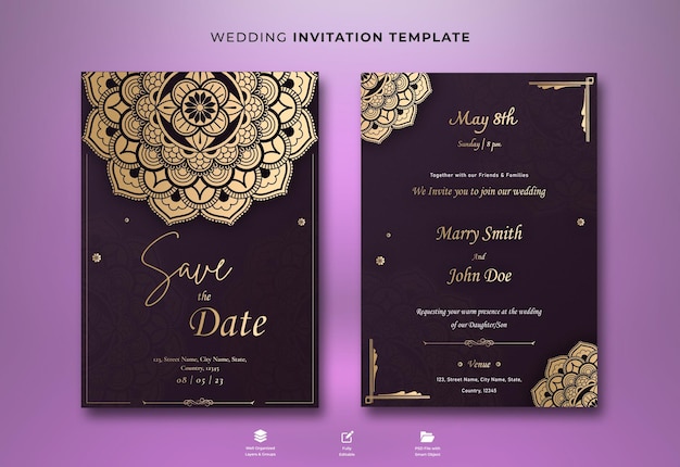 PSD wedding invitation card with beautiful blooming floral