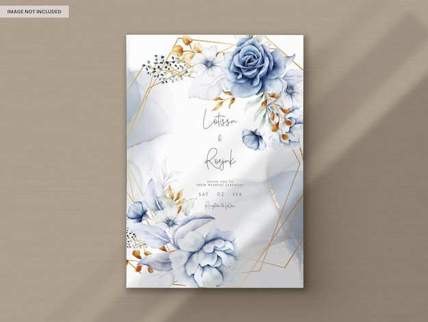 PSD wedding invitation card with beautiful white blue and gold floral