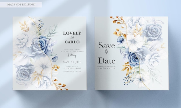 Wedding invitation card with beautiful white blue and gold floral