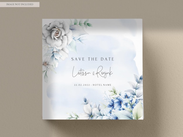 Wedding invitation card with blue and grey floral