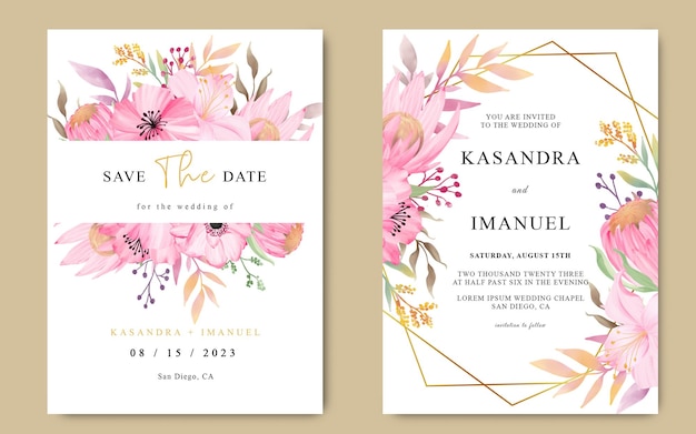 Wedding invitation card with protea flower bouquet and watercolor flowers