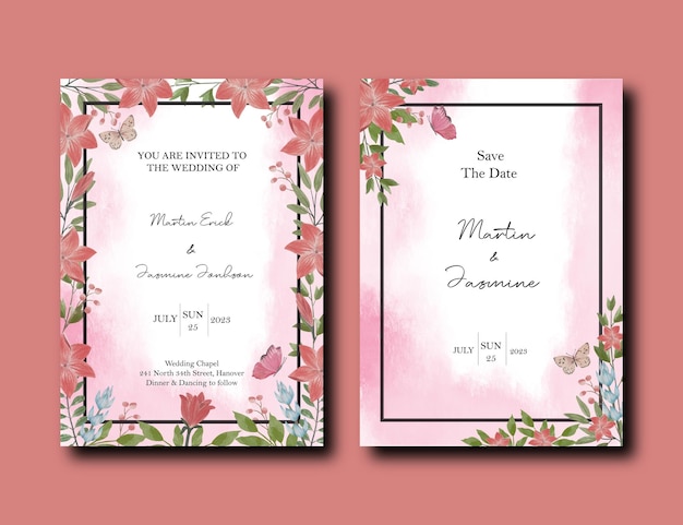 PSD wedding invitation card with tulip and lily flowers design package