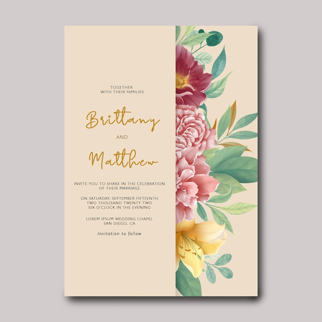 wedding invitation card with watercolor floral decoration