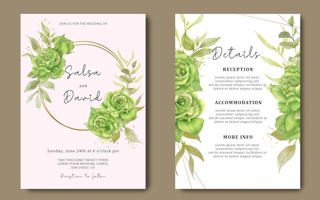 wedding invitation card with watercolor green rose bouquet