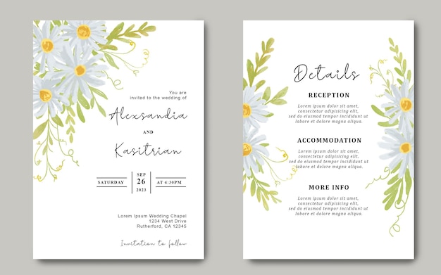PSD wedding invitation card with watercolor white daisy flower bouquet