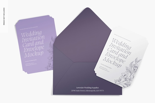 PSD wedding invitation cards and envelope mockup, top view