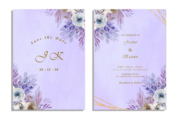Wedding invitation cards with watercolor flowers psd