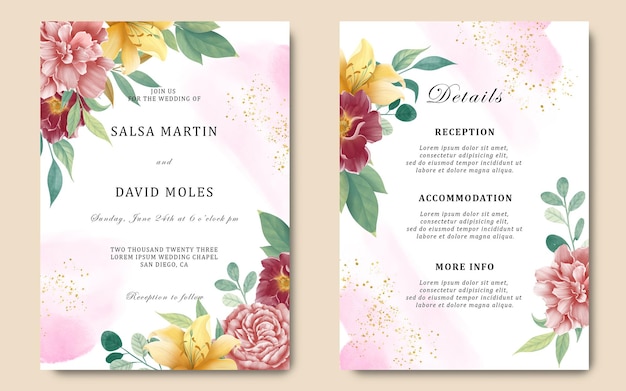 PSD wedding invitation design template with watercolor flowers