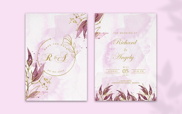 wedding invitation or engagement invitation with purple leaves and flowers ornaments
