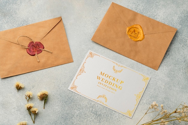 PSD wedding invitation and envelope flat lay